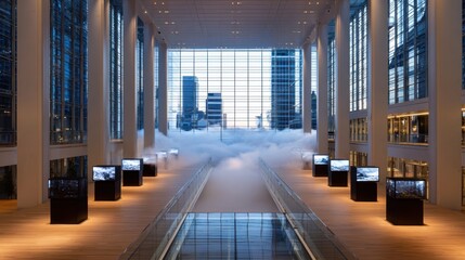 Modern urban interior showcasing an art installation with fog effects and cityscape in the background