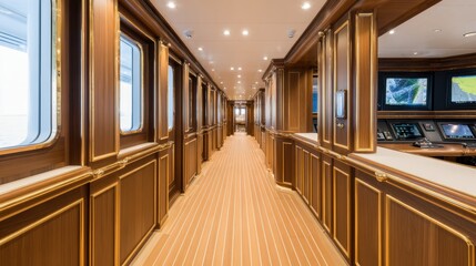 Luxurious yacht interior hallway showcasing polished wood, bright lighting, and sleek design elements