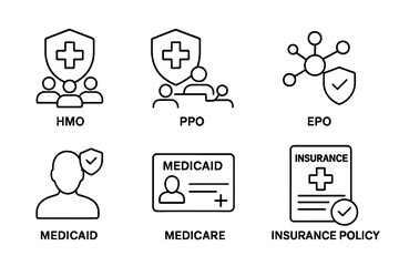 Health insurance vector icon set. Outline symbols for US healthcare plans HMO, PPO, EPO. Includes government programs Medicaid and Medicare. Medical policy line icons.