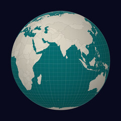 Maldives on the map. Globe centered to Maldives. Country location on the world map. Teal Pale Mint color palette. Globe with countries, meridians and parallels. Classy vector illustration.