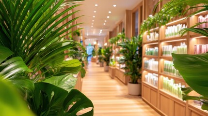 Lush green plants line the aisles of a modern beauty store showcasing vibrant skincare products