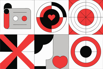 Geometric abstract shapes red black white grey set of