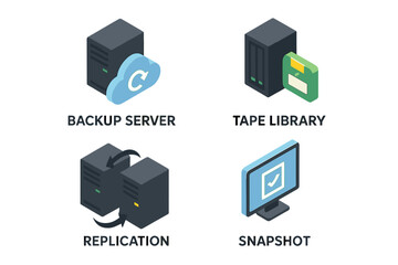 Isometric Data Backup Icons Set. Server Backup, Tape Library, Replication, System Snapshot. Disaster Recovery, IT Security, Cloud Storage, Data Protection, Restore Solution. Vector Illustration
