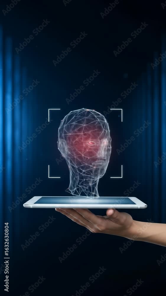 Poster ai face scan: futuristic 3d model on tablet display with glowing eyes for facial recognition