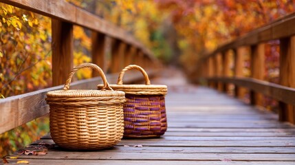 Two woven baskets resting on a wooden bridge surrounded by vibrant autumn foliage and a serene pathway