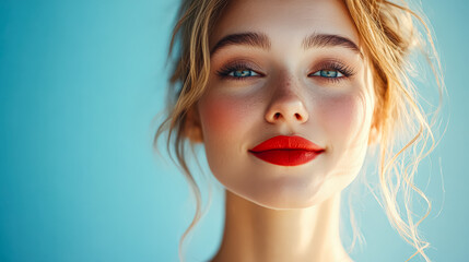 Fototapeta premium Young woman with soft waves and bright red lips is smiling warmly against a light blue background, showcasing her natural beauty and vibrant expression, creating an inviting atmosphere