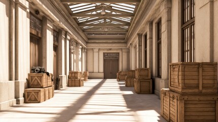 A sunlit corridor lined with wooden crates and vintage equipment, evoking a historical atmosphere