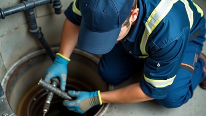 Septic tank inspection professional service manhole maintenance worker sewer system repair and cleaning services