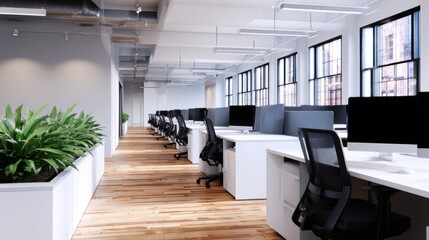 Modern office interior featuring spacious workstations, large windows, and greenery for a productive environment