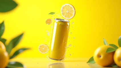 Yellow can with lemon slices and water droplets on a bright yellow background studio shot still life