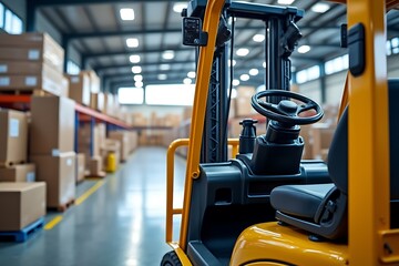 Image of yellow forklift truck in a warehouse aisle with stacked boxes and shelves, ready for loading and unloading