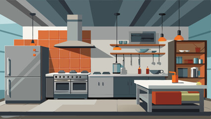 A modern industrialstyle kitchen with stainless steel appliances and concrete countertops. © Justlight