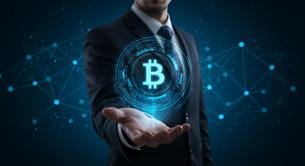A businessman presents a bitcoin symbol, representing the growing importance and integration of cryptocurrency and blockchain technology in the modern financial landscape