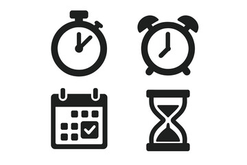 Time Management Icons Set. Solid Filled Vector Illustration. Stopwatch, Alarm Clock, Calendar Reminder, Hourglass. Simple Black Silhouette Symbols for Productivity, Schedule, Deadline, Timer, Planning