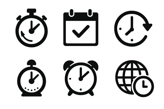 Time management and efficiency icon set. Stopwatch, timer, calendar with check mark, schedule clock, alarm clock, timezone, planning, deadline, reminder, solid vector icons for productivity.