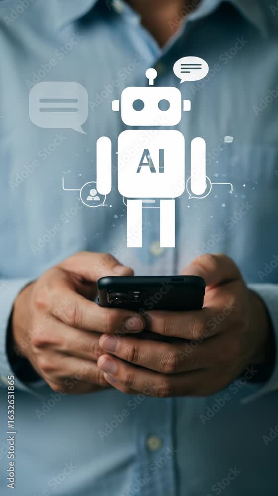 Poster man uses ai chatbot on phone for assistance, enhanced by artificial intelligence and communication t