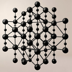 A black sphere and line structure on a beige background creating a complex geometric pattern design