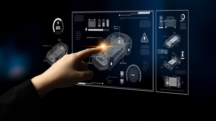 Technical layout of electric vehicle showing battery system, power control, traction motor, charging interface, and integration with renewable and smart energy sources Latch