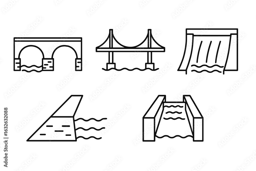 Poster river infrastructure outline icon set. vector line art collection of water engineering symbols like 