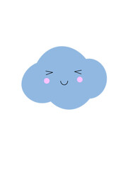Adorable kawaii-style vector illustration of a smiling blue cloud with closed eyes and rosy cheeks. Perfect for children's designs, nursery decor, educational materials, stickers, greeting cards, and 