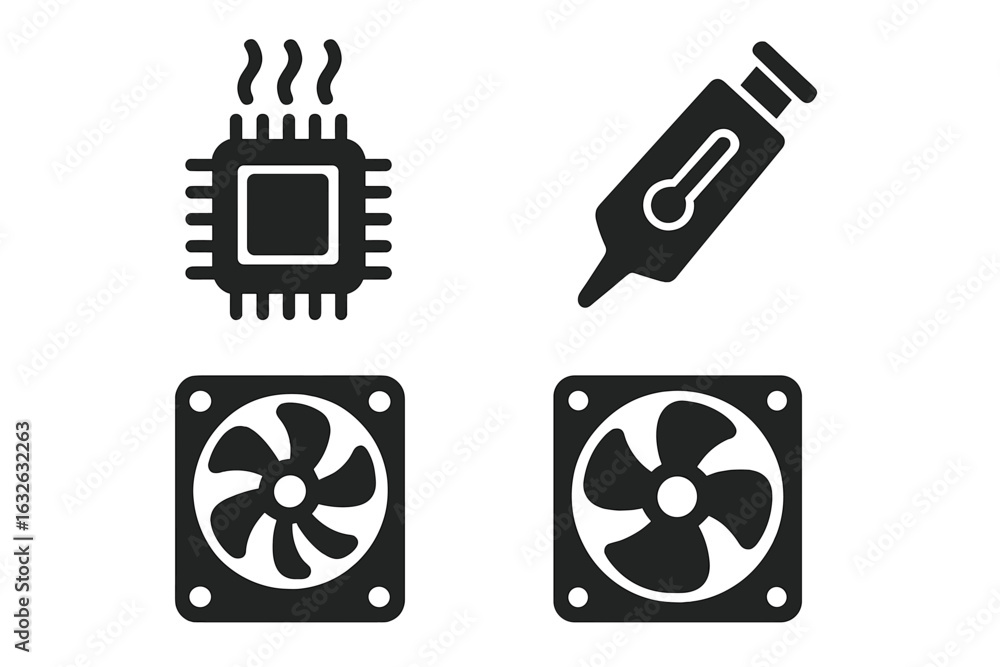 Poster cpu temperature control icons set. vector illustration of electronic components: overheating process