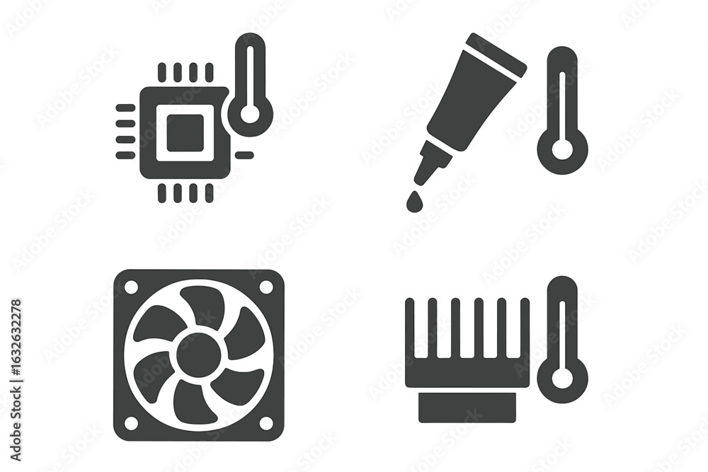 Poster cpu temperature electronics icons set. solid vector symbols of processor heat monitoring, thermal pa