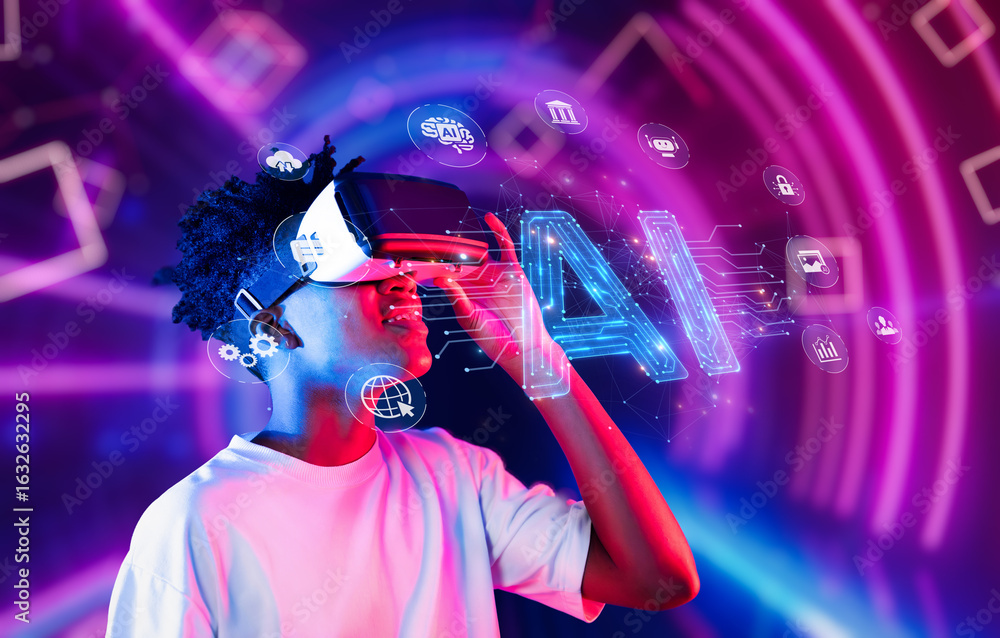 Aufkleber a young individual immersed in a virtual reality experience, showcasing artificial intelligence grap