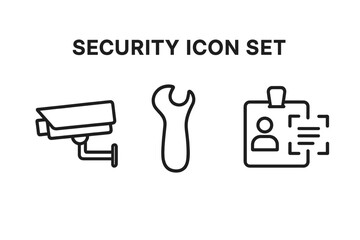Security and loss prevention icon set. Outline vector icons for safety and protection, including CCTV surveillance camera, retail tag detacher, and access control ID badge.