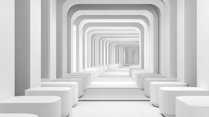 Minimalist architectural corridor with white arches and soft lighting, creating a serene atmosphere