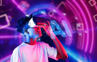 A young individual immersed in a virtual reality experience, showcasing artificial intelligence...