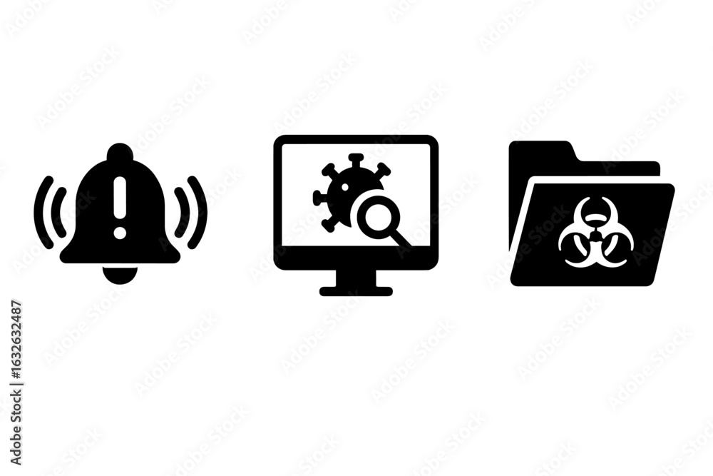 Poster cyber threat detection solid icons set. security alert notification bell, computer virus scan, quara