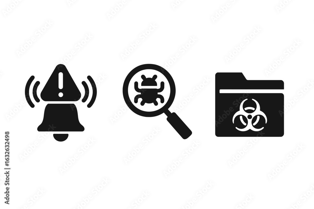 Poster cybersecurity threat detection icons set. solid vector symbols for security alert bell, malware viru