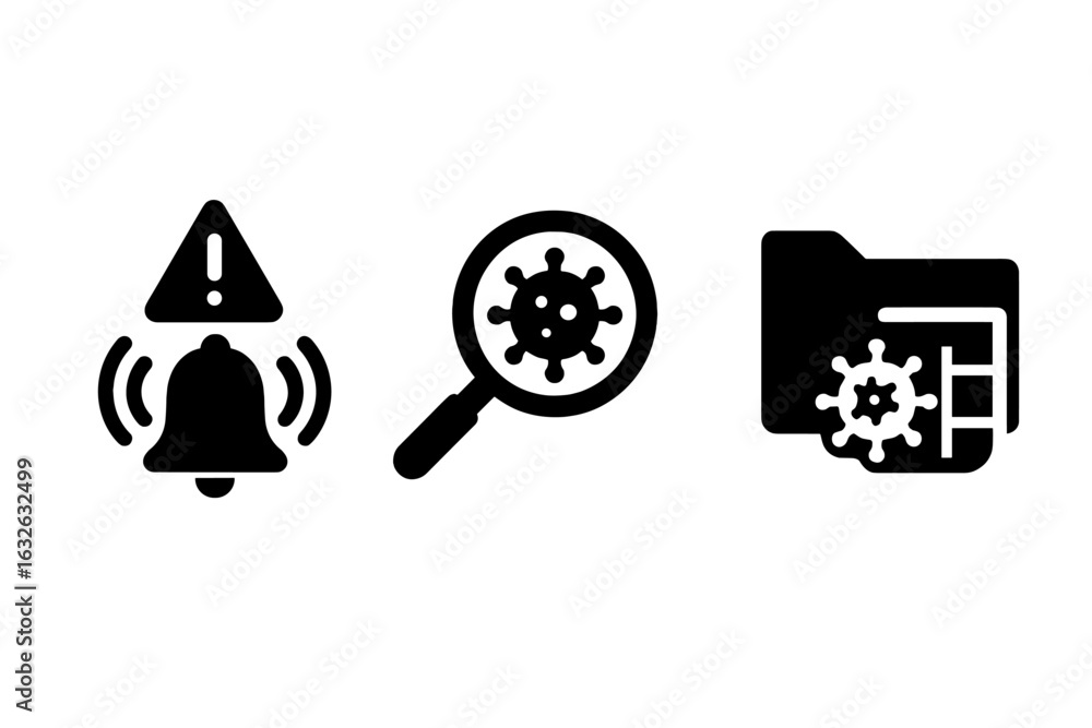 Poster threat detection and response icons set. solid vector illustrations of alert bell warning, virus sca