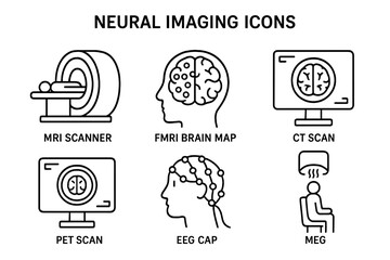 Neural imaging technique icons set. Outline vector concept of MRI scanner, fMRI brain mapping, CT scan, PET scan, EEG cap, MEG for neuroscience, medical diagnostics, brain research, neurology tools
