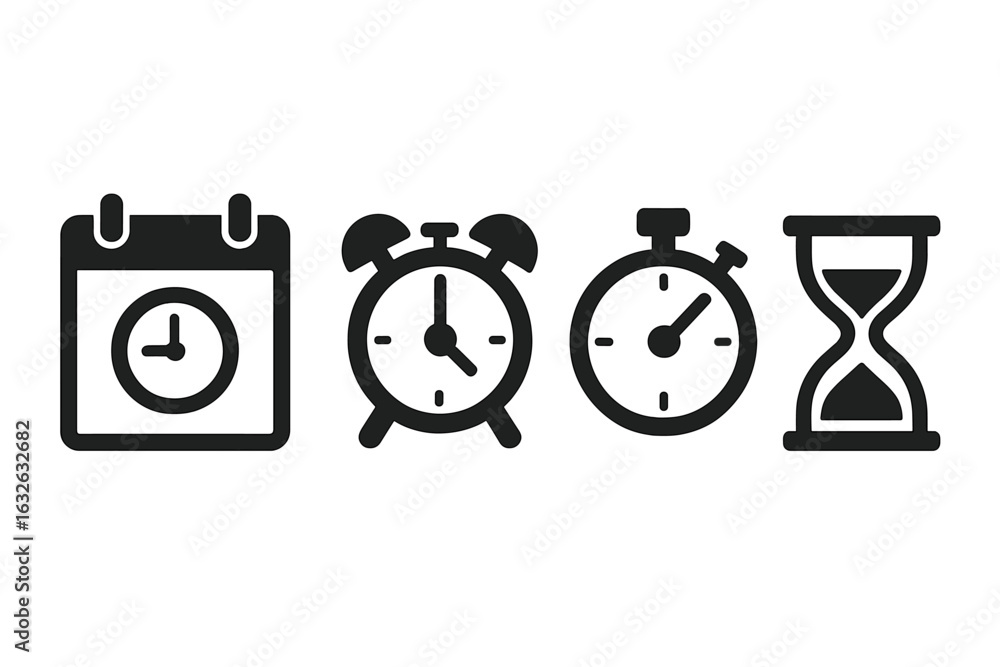 Poster time management icons collection. solid filled vector set including calendar with clock, alarm clock