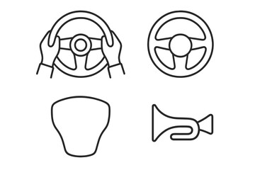 Steering wheel line icon set. Driver hands in 10 and 2 position. Car driving POV, automobile control, airbag cover, and horn symbol. Vector outline illustration pack.