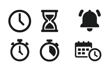 Time Management Icons Collection. Solid Filled Vector Set with Alarm Clock, Hourglass, Bell Alert, Calendar, Stopwatch, Timer, Scheduling Tools. Productivity, Efficiency, Planning, Deadline Symbols.