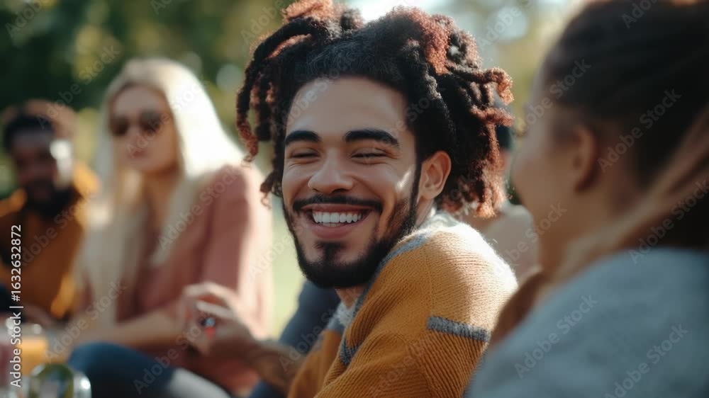 Poster a person with dreadlocks smiling directly at the camera