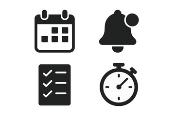 Time management icons set. Solid vector calendar, reminder notification bell, task checklist, stopwatch timer, daily schedule, time tracking, productivity tools. Black filled symbols isolated.