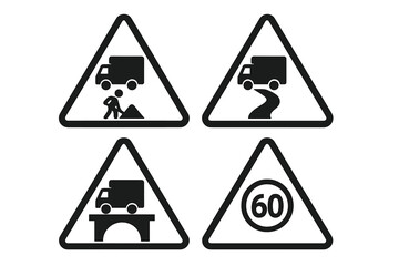 Truck road warning signs icon set. Vector symbols for traffic safety and regulations. Includes construction zone, curvy road, bridge crossing, and speed limit for trucks. Solid black pictograms.