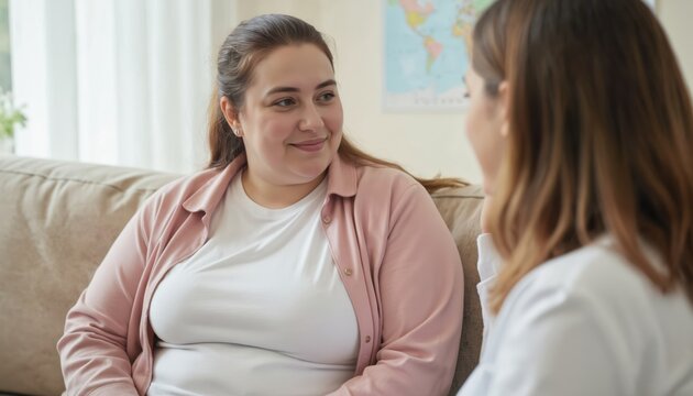 Young woman in pink jacket white T-shirt sits on couch talking to another person. Comfortable beige furniture, window, wall. Female patient consults with specialist in therapy session.