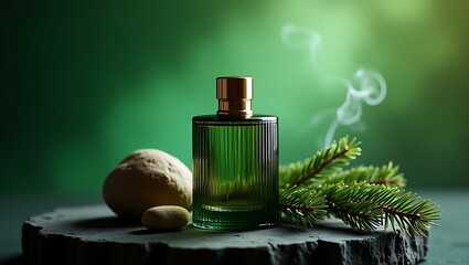 A green perfume bottle with gold cap next to stones and pine branch on a dark green background with smoke
