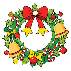 A vector illustration of a Christmas wreath with bells, decorated with fruit, leaves, and flowers, perfect for a festive holiday card design