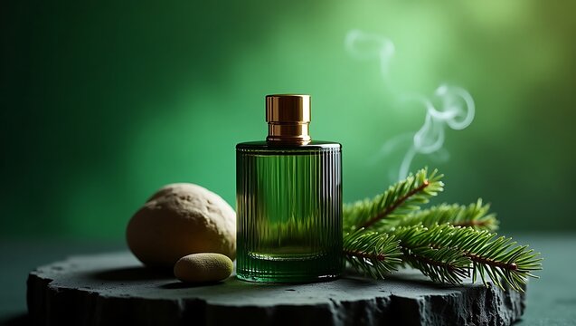 A green perfume bottle with gold cap next to stones and pine branch on a dark green background with smoke - Powered by Adobe