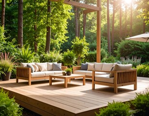 Obraz premium Outdoor patio furniture set on a wooden deck