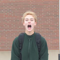 Young woman with a backpack is energetically expressing excitement outdoors, standing in front of a textured brick wall, showcasing vibrant emotions and youthful energy in a casual setting