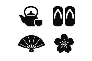 Japanese Culture Icons Set. Traditional Tea Ceremony Kettle and Cup, Geta Sandals, Sensu Folding Fan, Sakura Cherry Blossom. Minimalist Solid Black Vector Symbols. Heritage, Lifestyle, Travel, Asia