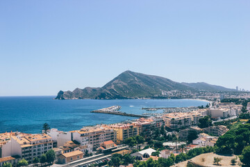 panoramic view of altea bay and beach on sunny summer from viewpoint mediterranean sea spain
