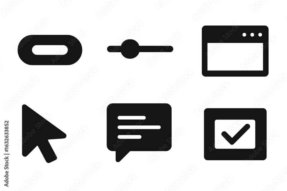 Aufkleber essential solid ui icons set. user interface design elements. button, slider, window, cursor, speech