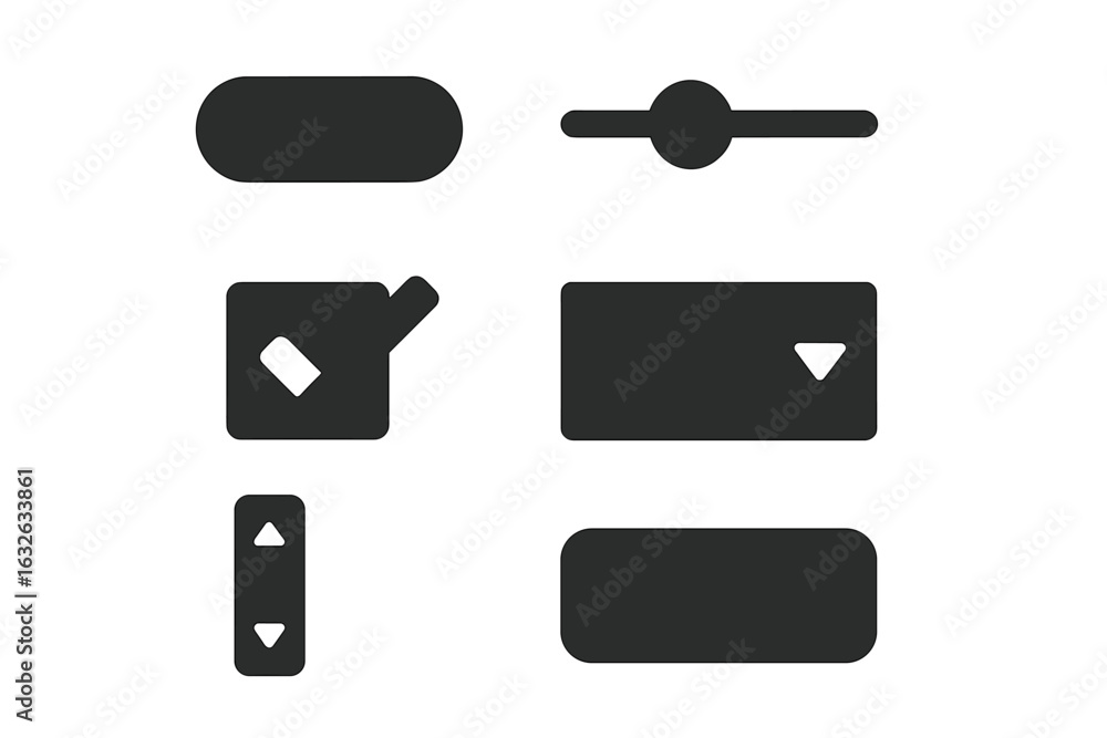 Aufkleber modern ui interface elements set. solid black filled vector icons. button, slider, checkbox, dropdow